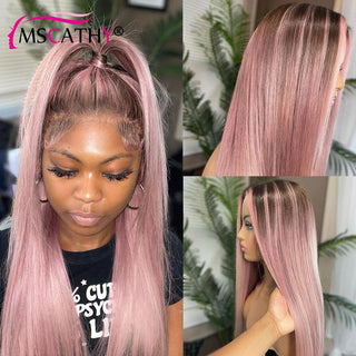 LONG Length | 28-30 Inch | T-Part | Highlights | 180 Density | Straight Hair | Ash Pastel Pink Human Hair | - Elite Wigs