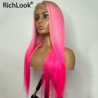 LONG Length | 28-30 Inch | T-Part | Ombre | 180 Density | Straight Hair | Platinum Blond to Hot Pink Human Hair | - Elite Wigs