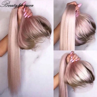 LONG Length | 28-30 Inch | T-Part | Ombre | 180 Density | Straight Hair | White Pink with Dark Blonde Roots Human Hair | - Elite Wigs