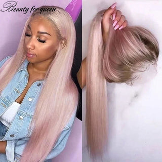 LONG Length | 28-30 Inch | T-Part | Ombre | 180 Density | Straight Hair | White Pink with Dark Blonde Roots Human Hair | - Elite Wigs