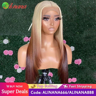 LONG Length | 28-30 Inch | T-Part | Triple Ombre | 180 Density | Straight Hair | Platinum Blonde, Light & Dark Brown Human Hair | - Elite Wigs