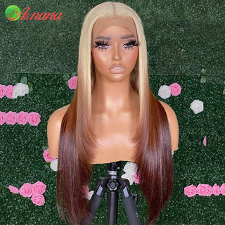 LONG Length | 28-30 Inch | T-Part | Triple Ombre | 180 Density | Straight Hair | Platinum Blonde, Light & Dark Brown Human Hair | - Elite Wigs