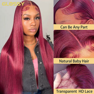 LONG Length | 28-32 Inch | 250 Density | Straight Hair | Burgundy Red Human Hair | - Elite Wigs