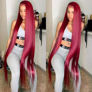 LONG Length | 28-32 Inch | 250 Density | Straight Hair | Burgundy Red Human Hair | - Elite Wigs