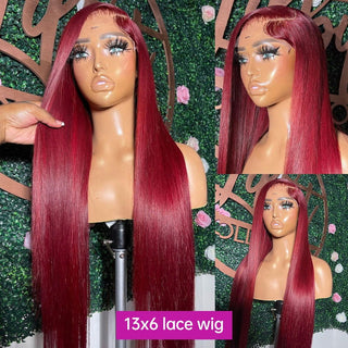 LONG Length | 28-32 Inch | 250 Density | Straight Hair | Burgundy Red Human Hair | - Elite Wigs