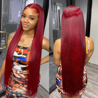 LONG Length | 28-32 Inch | 250 Density | Straight Hair | Burgundy Red Human Hair | - Elite Wigs