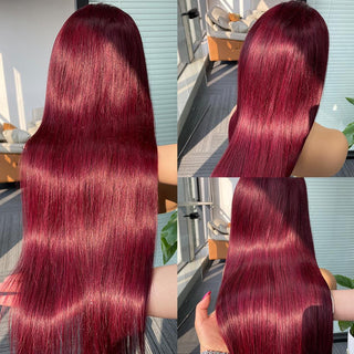 LONG Length | 28-32 Inch | 250 Density | Straight Hair | Burgundy Red Human Hair | - Elite Wigs