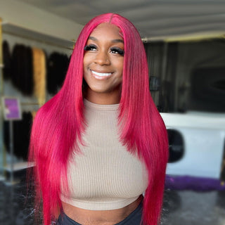 LONG Length | 28-32 Inch | 250 Density | Straight Hair | Dark Pink Human Hair | - Elite Wigs