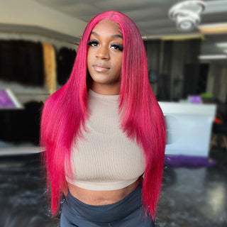 LONG Length | 28-32 Inch | 250 Density | Straight Hair | Dark Pink Human Hair | - Elite Wigs