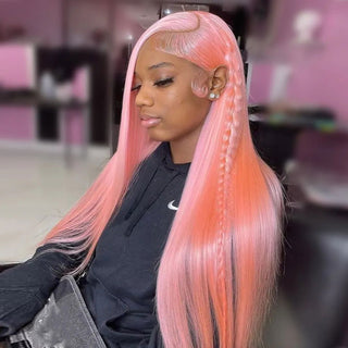 LONG Length | 28-32 Inch | 250 Density | Straight Hair | Salmon Pink Human Hair | - Elite Wigs