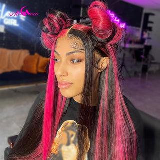 LONG Length | 28-32 Inch | Full Highlights | 180 Density | Straight Hair | Hot Ruby Pink & Black Chess Human Hair | - Elite Wigs