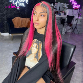 LONG Length | 28-32 Inch | Full Highlights | 180 Density | Straight Hair | Hot Ruby Pink & Black Chess Human Hair | - Elite Wigs