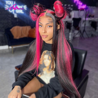 LONG Length | 28-32 Inch | Full Highlights | 180 Density | Straight Hair | Hot Ruby Pink & Black Chess Human Hair | - Elite Wigs