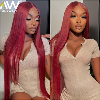LONG Length | 28-32 Inch | Glue-less | 180 Density | Straight Hair | Burgundy Red Human Hair | - Elite Wigs