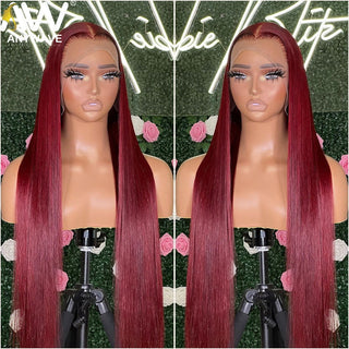 LONG Length | 28-32 Inch | Glue-less | 180 Density | Straight Hair | Burgundy Red Human Hair | - Elite Wigs