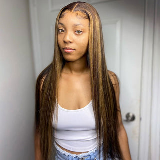 LONG Length | 28-32 Inch | Highlights | 180 Density | Straight Hair | Dark Brown with Honey Blonde Human Hair | - Elite Wigs