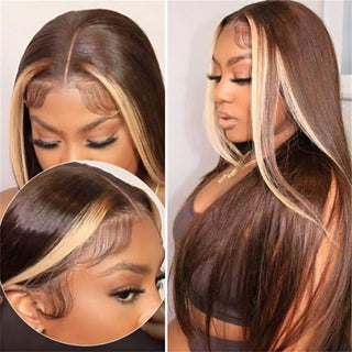 LONG Length | 28-32 Inch | Highlights | 250 Density | Straight Hair | Chocolate Brown with Single Blonde Highlight Human Hair | - Elite Wigs