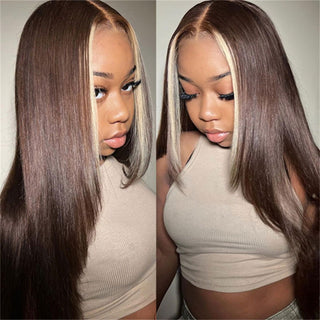LONG Length | 28-32 Inch | Highlights | 250 Density | Straight Hair | Chocolate Brown with Single Blonde Highlight Human Hair | - Elite Wigs