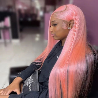 LONG Length | 28-32 Inch | T-Part | 180 Density | Straight Hair | Salmon Pink Human Hair | - Elite Wigs