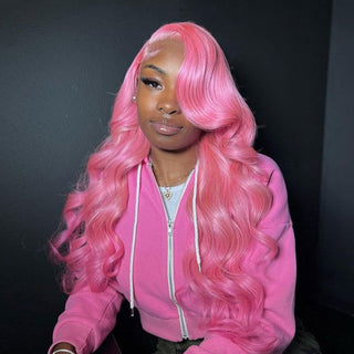 LONG Length | 28-32 Inch | T-Part | 250 Density | Body Wave | Bubblegum Pink Human Hair | - Elite Wigs