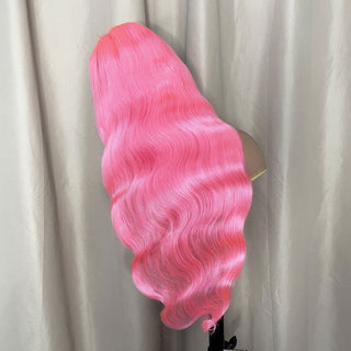 LONG Length | 28-32 Inch | T-Part | 250 Density | Body Wave | Bubblegum Pink Human Hair | - Elite Wigs