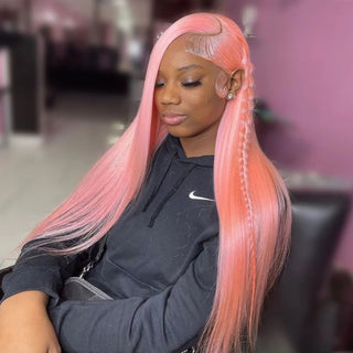 LONG Length | 28-32 Inch | T-Part | 250 Density | Straight Hair | Salmon Pink Human Hair | - Elite Wigs