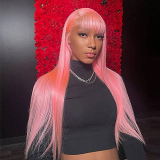 LONG Length | 28-32 Inch | T-Part | Wig with Bangs | 250 Density | Straight Hair | Salmon Pink Human Hair | - Elite Wigs
