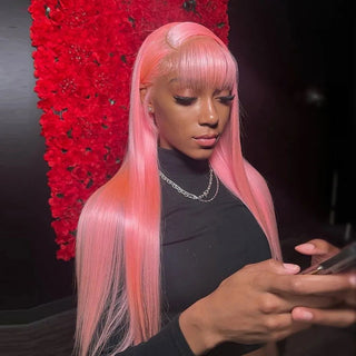 LONG Length | 28-32 Inch | T-Part | Wig with Bangs | 250 Density | Straight Hair | Salmon Pink Human Hair | - Elite Wigs