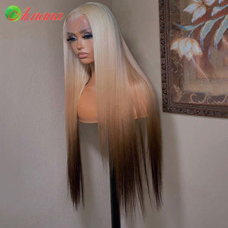 LONG Length | 28-32 Inch | Triple Ombre | 180 Density | Straight Hair | Platinum Blonde, Light Brown & Dark Brown Human Hair | - Elite Wigs