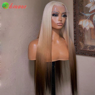 LONG Length | 28-32 Inch | Triple Ombre | 180 Density | Straight Hair | Platinum Blonde, Light Brown & Dark Brown Human Hair | - Elite Wigs