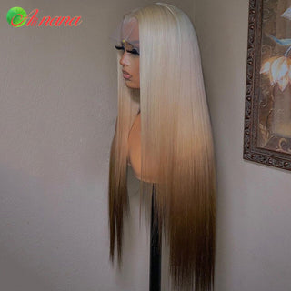 LONG Length | 28-32 Inch | Triple Ombre | 180 Density | Straight Hair | Platinum Blonde, Light Brown & Dark Brown Human Hair | - Elite Wigs