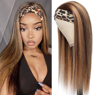 LONG Length | 28 Inch | Headband | Highlights | 150 Density | Straight Hair | Dark Brown & Honey Blonde Human Hair | - Elite Wigs