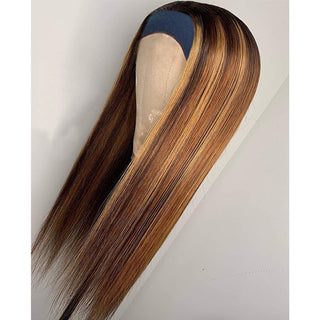 LONG Length | 28 Inch | Headband | Highlights | 150 Density | Straight Hair | Dark Brown & Honey Blonde Human Hair | - Elite Wigs