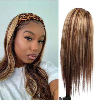 LONG Length | 28 Inch | Headband | Highlights | 150 Density | Straight Hair | Dark Brown & Honey Blonde Human Hair | - Elite Wigs