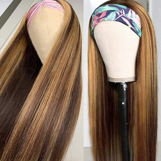 LONG Length | 28 Inch | Headband | Highlights | 150 Density | Straight Hair | Dark Brown & Honey Blonde Human Hair | - Elite Wigs