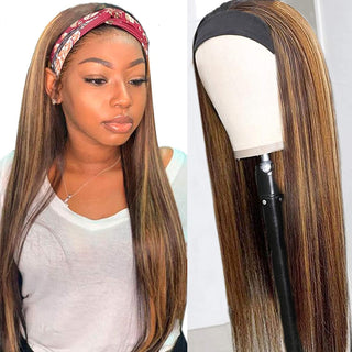 LONG Length | 28 Inch | Headband | Highlights | 150 Density | Straight Hair | Dark Brown & Honey Blonde Human Hair | - Elite Wigs