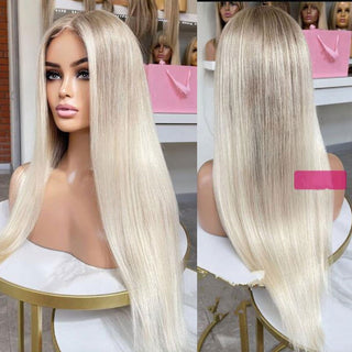 LONG Length | 28 Inch | Light Brown Roots | Ombre | 180 Density | Straight Hair | Platinum Blonde Human Hair | - Elite Wigs