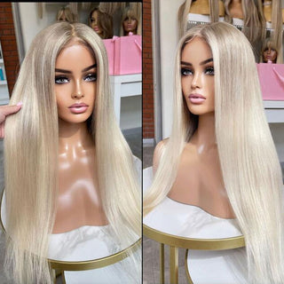 LONG Length | 28 Inch | Light Brown Roots | Ombre | 180 Density | Straight Hair | Platinum Blonde Human Hair | - Elite Wigs