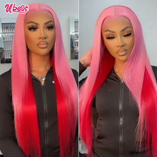 LONG Length | 28 Inch | Ombre | Peekaboo | 180 Density | Straight Hair | Bubblegum Pink & Hot Red Human Hair | - Elite Wigs