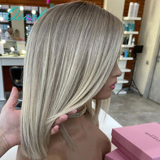 MID Length | 14-16 Inch | 180 Density | Straight Hair | Balayge | Light Ash Blonde Human Hair | - Elite Wigs