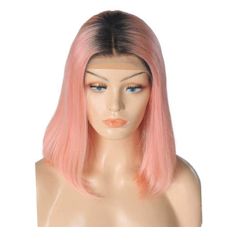 MID Length | 14-16 Inch | Ombre | 180 Density | Straight Hair | Light Pink Black Roots Human Hair | - Elite Wigs