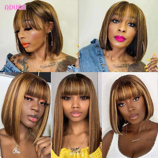 MID Length | 14-16 Inch | Wig with Bangs | Highlights | 150 Density | Straight Hair | Chocolate Brown & Golden Blonde Human Hair | - Elite Wigs