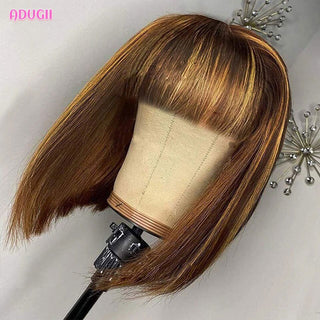 MID Length | 14-16 Inch | Wig with Bangs | Highlights | 150 Density | Straight Hair | Chocolate Brown & Golden Blonde Human Hair | - Elite Wigs