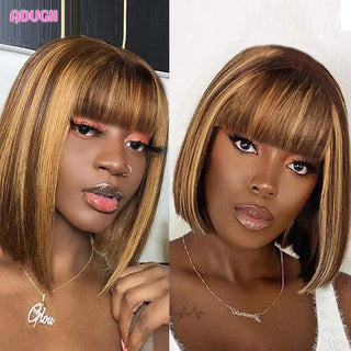 MID Length | 14-16 Inch | Wig with Bangs | Highlights | 150 Density | Straight Hair | Chocolate Brown & Golden Blonde Human Hair | - Elite Wigs