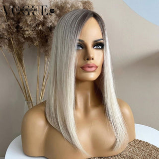 MID Length | 20-24 Inch | 180 Density | Straight Hair | Ombre | Dark Roots | Light Grey Human Hair | - Elite Wigs
