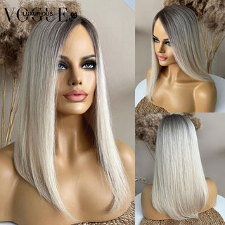 MID Length | 20-24 Inch | 180 Density | Straight Hair | Ombre | Dark Roots | Light Grey Human Hair | - Elite Wigs