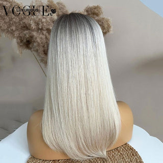 MID Length | 20-24 Inch | 180 Density | Straight Hair | Ombre | Dark Roots | Light Grey Human Hair | - Elite Wigs
