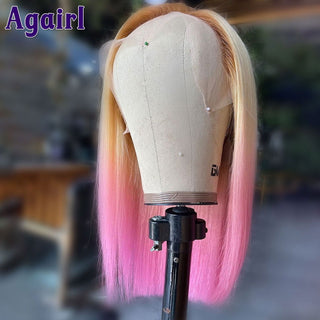 MID Length | 20-24 Inch | Ombre | 250 Density | Straight Hair | Bubblegum Pink & Dark to Light Blonde Roots Human Hair | - Elite Wigs