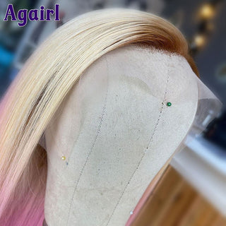 MID Length | 20-24 Inch | Ombre | 250 Density | Straight Hair | Bubblegum Pink & Dark to Light Blonde Roots Human Hair | - Elite Wigs