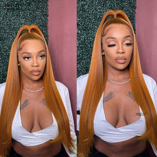 MID Length | 20-26 Inch | 180 Density | Straight Hair | Brown Orange Human Hair | - Elite Wigs